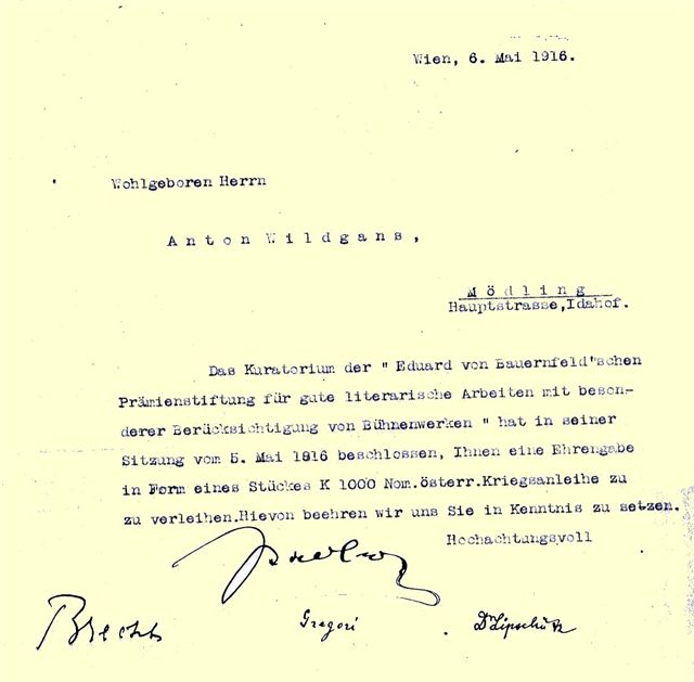 1916-05-06, Preis der Eduard Bauernfeld Prämienstiftung für Anton Wildgans