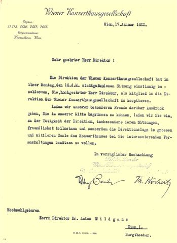 1922-01-17,  Ehrenmitgliedschaft der Wiener Konzerthausgesellschaft für Anton Wildgans