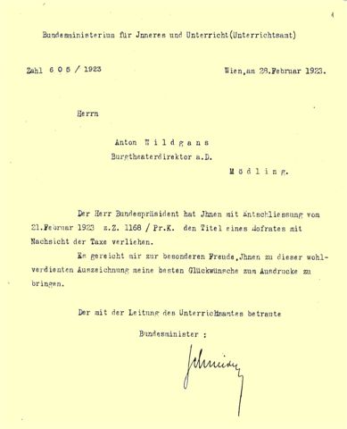 1923-02-21,  Hofratstitel für Anton Wildgans