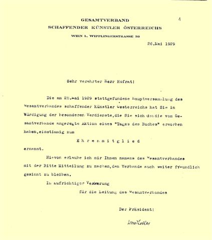 1929-05-26,  Ehrenmitgliedschaft im Gesamtverband der schaffenden Künstler Österreichs für Anton Wildgans