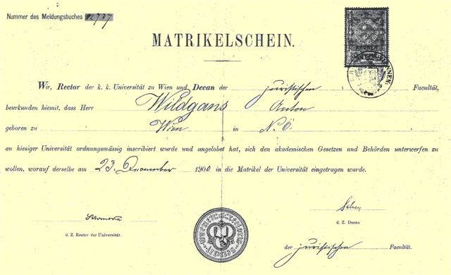 1900-12-23,  Matrikelschein von Anton Wildgans