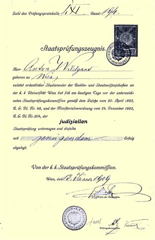 1909-01-13,  Staatsprüfungszeugnis von Anton Wildgans