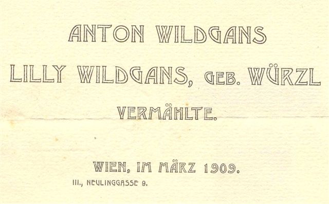 1909 Hochzeitsanzeige von Anton und Lilly Wildgans